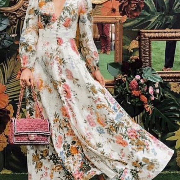 Multicolor Boho Women's Casual Elegant V-Neck Long Sleeve Floral Print Dress - Picture 3 of 8